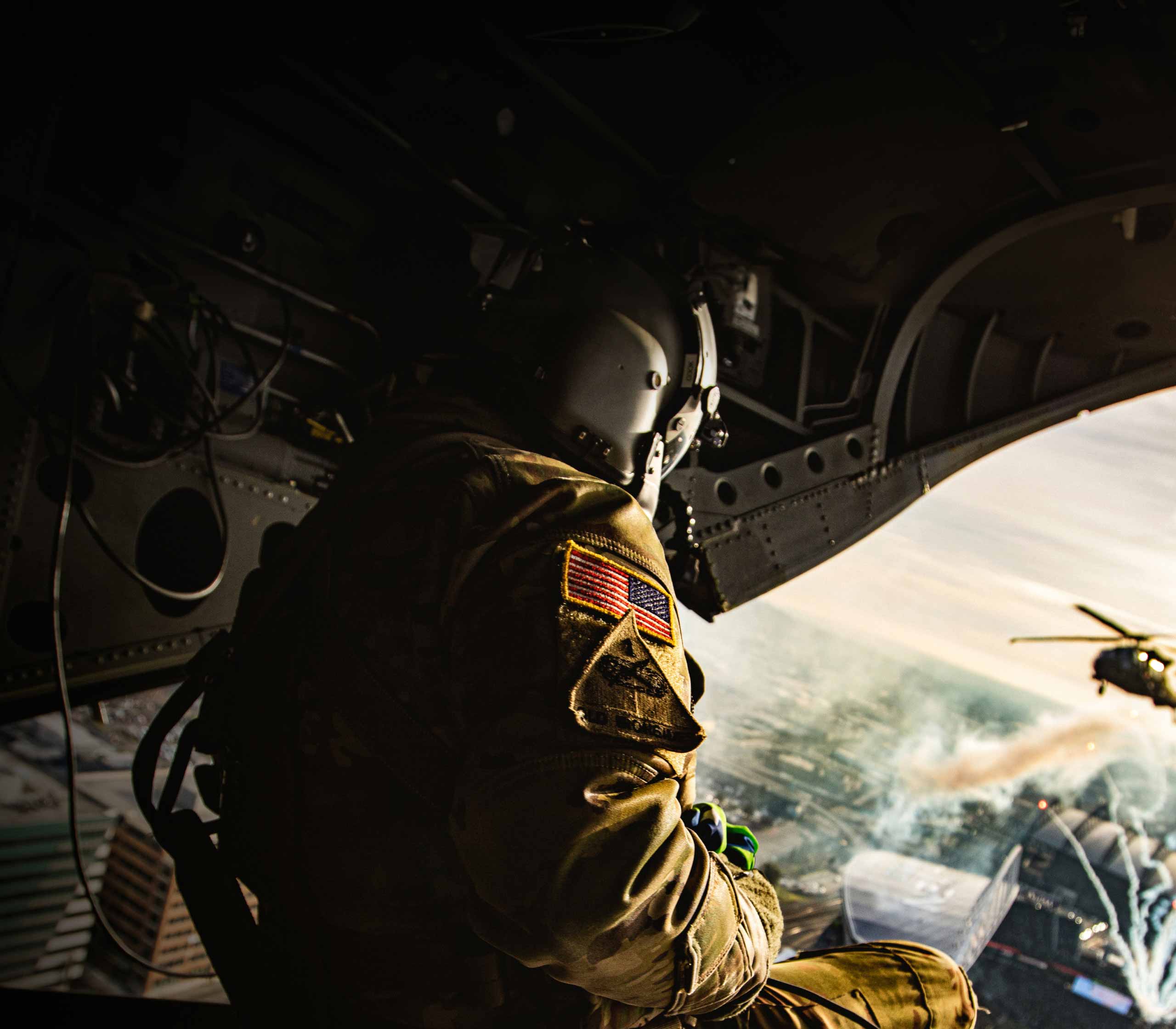 Soldier training with helicopter
